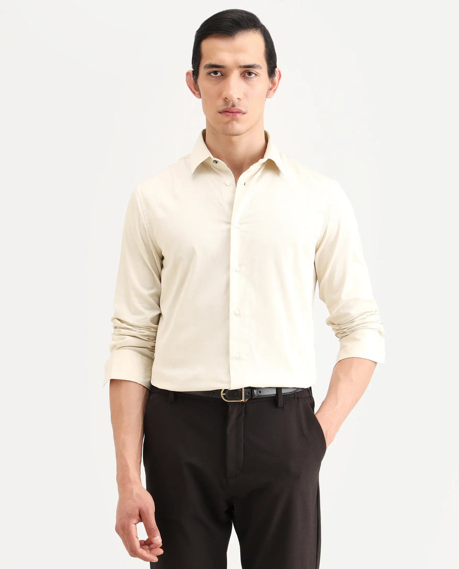 Rare Rabbit Men's Armeno Light Beige Cotton Fabric Full Sleeve Spread Collar Regular Fit Plain Shirt