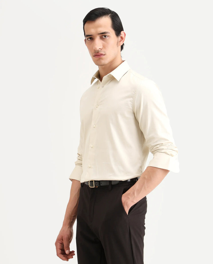 Rare Rabbit Men's Armeno Light Beige Cotton Fabric Full Sleeve Spread Collar Regular Fit Plain Shirt