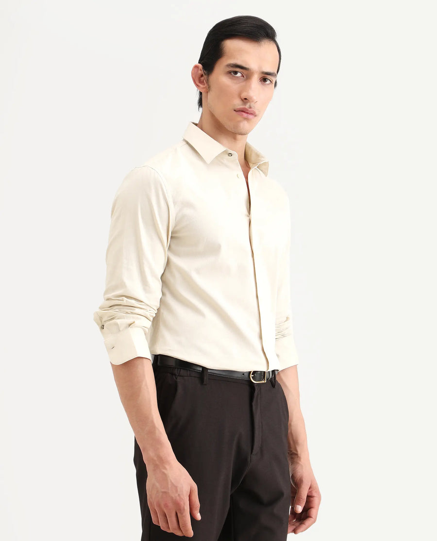 Rare Rabbit Men's Armeno Light Beige Cotton Fabric Full Sleeve Spread Collar Regular Fit Plain Shirt