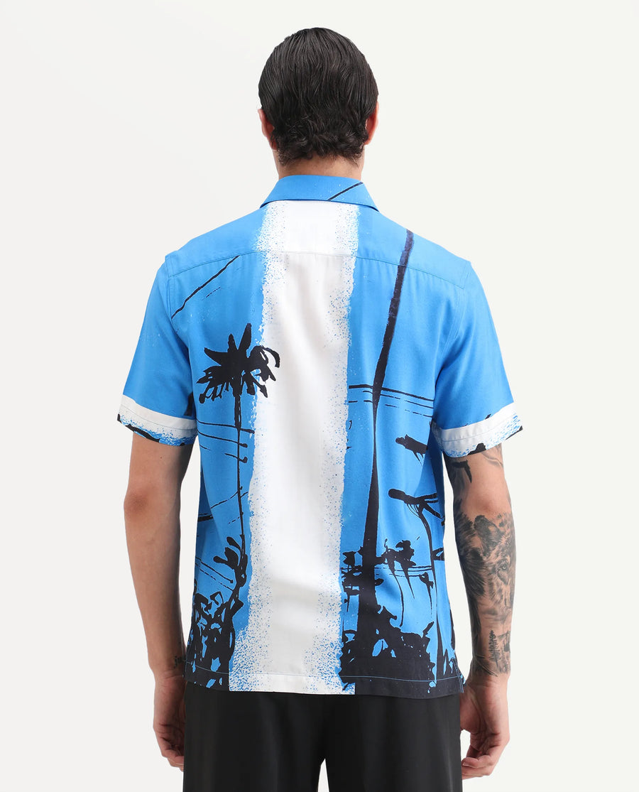 Rare Rabbit Men's Pheena Dark Blue Viscose Fabric Full Sleeve Spread Collar Regular Fit Abstract Print Shirt