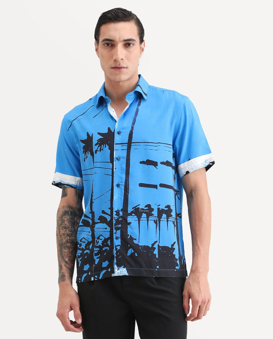 Rare Rabbit Men's Pheena Dark Blue Viscose Fabric Full Sleeve Spread Collar Regular Fit Abstract Print Shirt