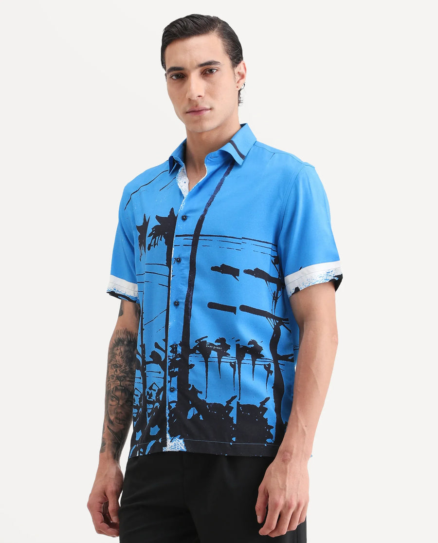 Rare Rabbit Men's Pheena Dark Blue Viscose Fabric Full Sleeve Spread Collar Regular Fit Abstract Print Shirt