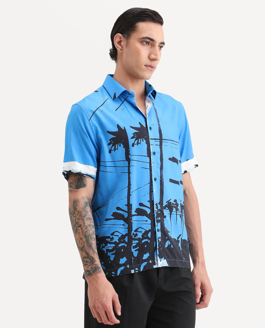Rare Rabbit Men's Pheena Dark Blue Viscose Fabric Full Sleeve Spread Collar Regular Fit Abstract Print Shirt