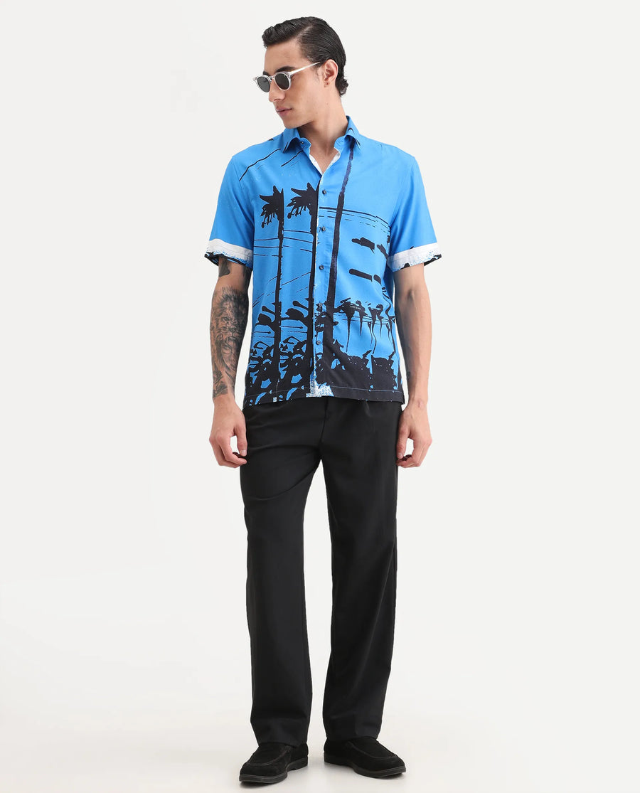 Rare Rabbit Men's Pheena Dark Blue Viscose Fabric Full Sleeve Spread Collar Regular Fit Abstract Print Shirt