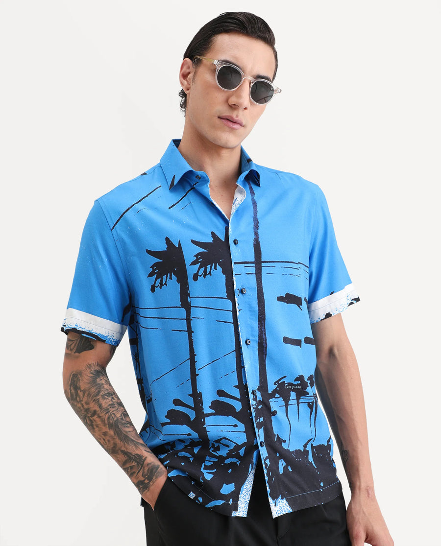 Rare Rabbit Men's Pheena Dark Blue Viscose Fabric Full Sleeve Spread Collar Regular Fit Abstract Print Shirt