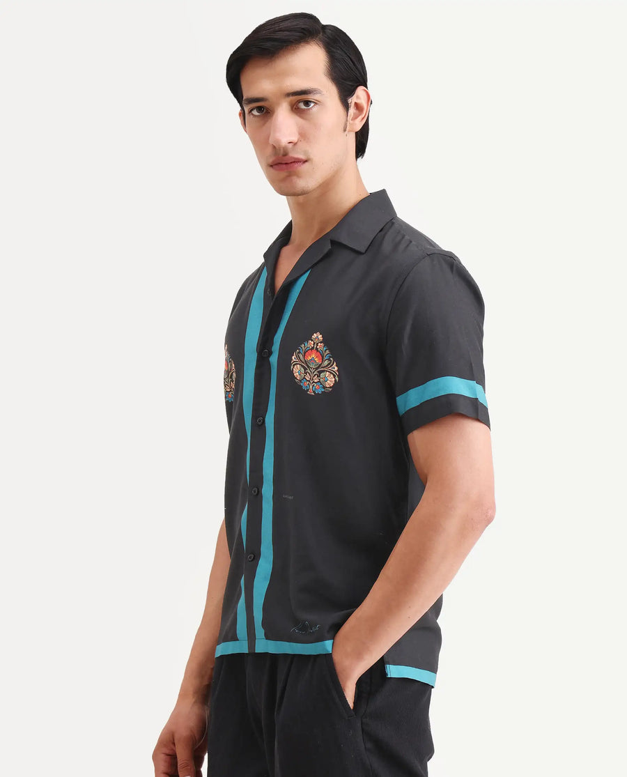 Rare Rabbit Men's Jumble Dark Black Cotton Fabric Full Sleeve Spread Collar Regular Fit Embroidered Shirt