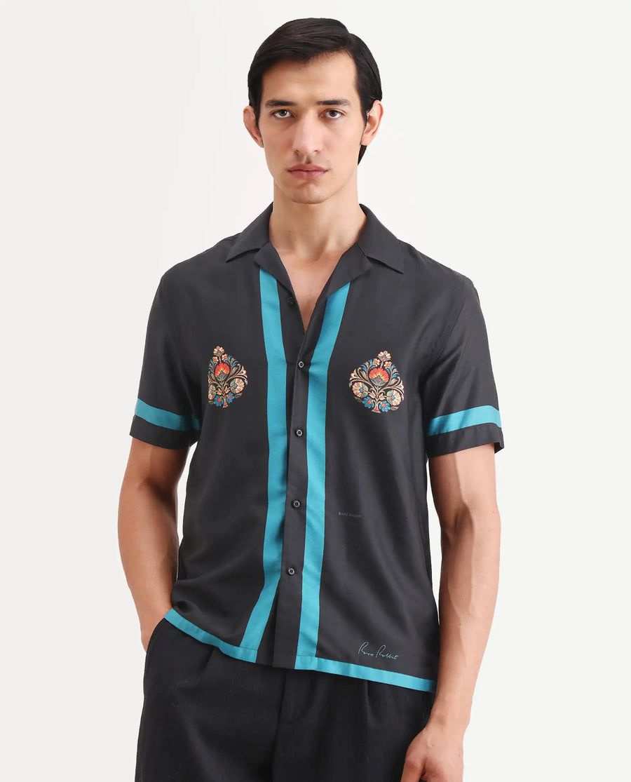 Rare Rabbit Men's Jumble Dark Black Cotton Fabric Full Sleeve Spread Collar Regular Fit Embroidered Shirt