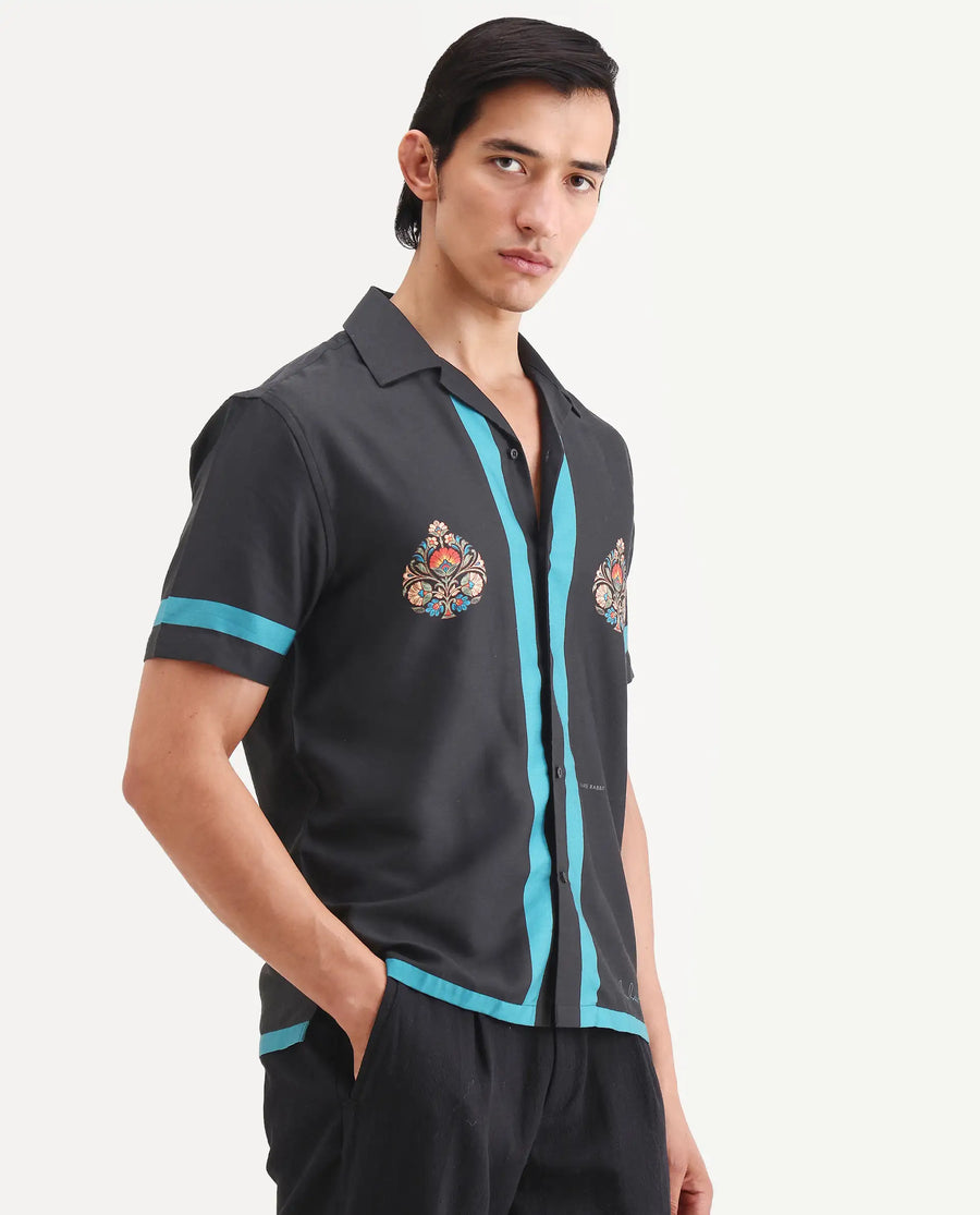 Rare Rabbit Men's Jumble Dark Black Cotton Fabric Full Sleeve Spread Collar Regular Fit Embroidered Shirt