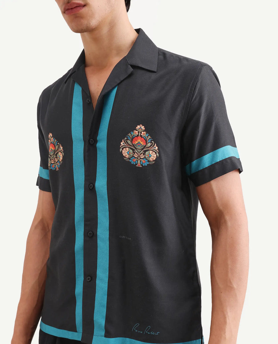 Rare Rabbit Men's Jumble Dark Black Cotton Fabric Full Sleeve Spread Collar Regular Fit Embroidered Shirt