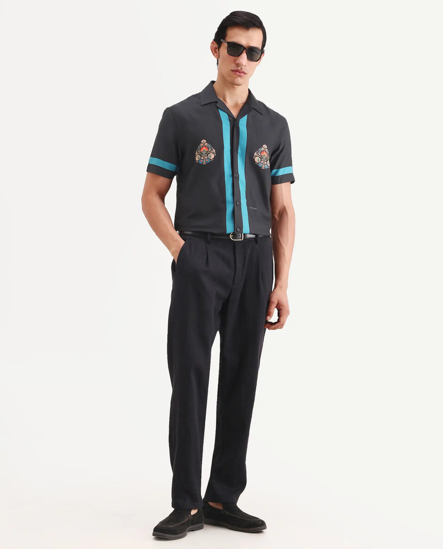Rare Rabbit Men's Jumble Dark Black Cotton Fabric Full Sleeve Spread Collar Regular Fit Embroidered Shirt