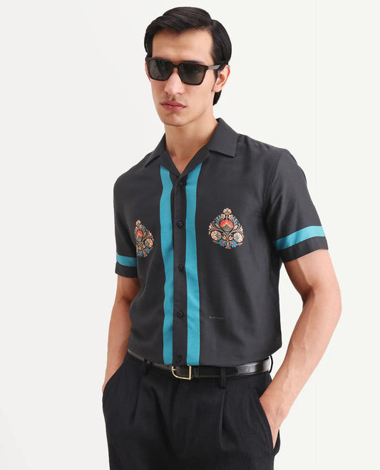 Rare Rabbit Men's Jumble Dark Black Cotton Fabric Full Sleeve Spread Collar Regular Fit Embroidered Shirt