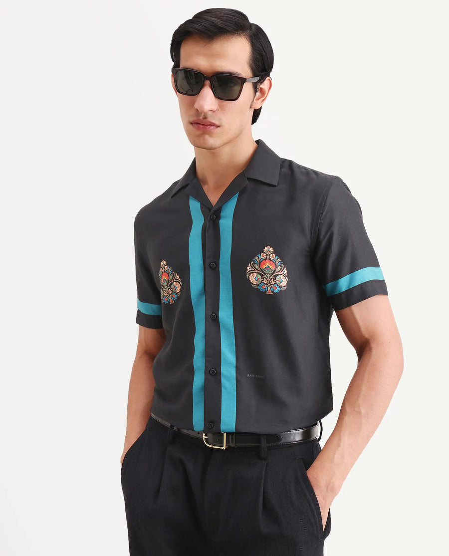 Rare Rabbit Men's Jumble Dark Black Cotton Fabric Full Sleeve Spread Collar Regular Fit Embroidered Shirt