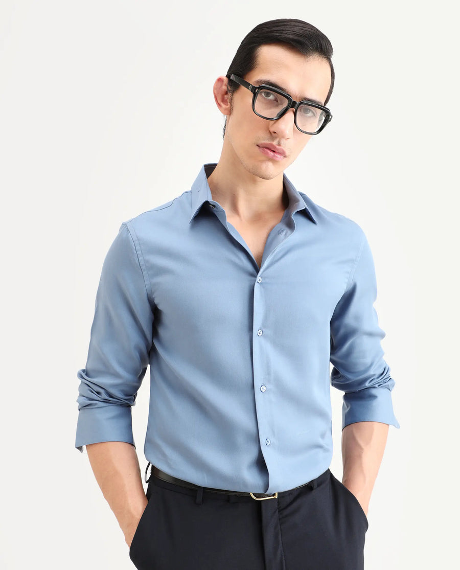 Rare Rabbit Men's Armenop Dusky Blue Tencel Fabric Full Sleeve Spread Collar Regular Fit Plain Shirt