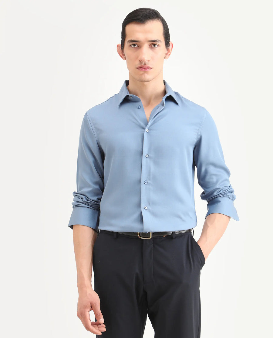 Rare Rabbit Men's Armenop Dusky Blue Tencel Fabric Full Sleeve Spread Collar Regular Fit Plain Shirt