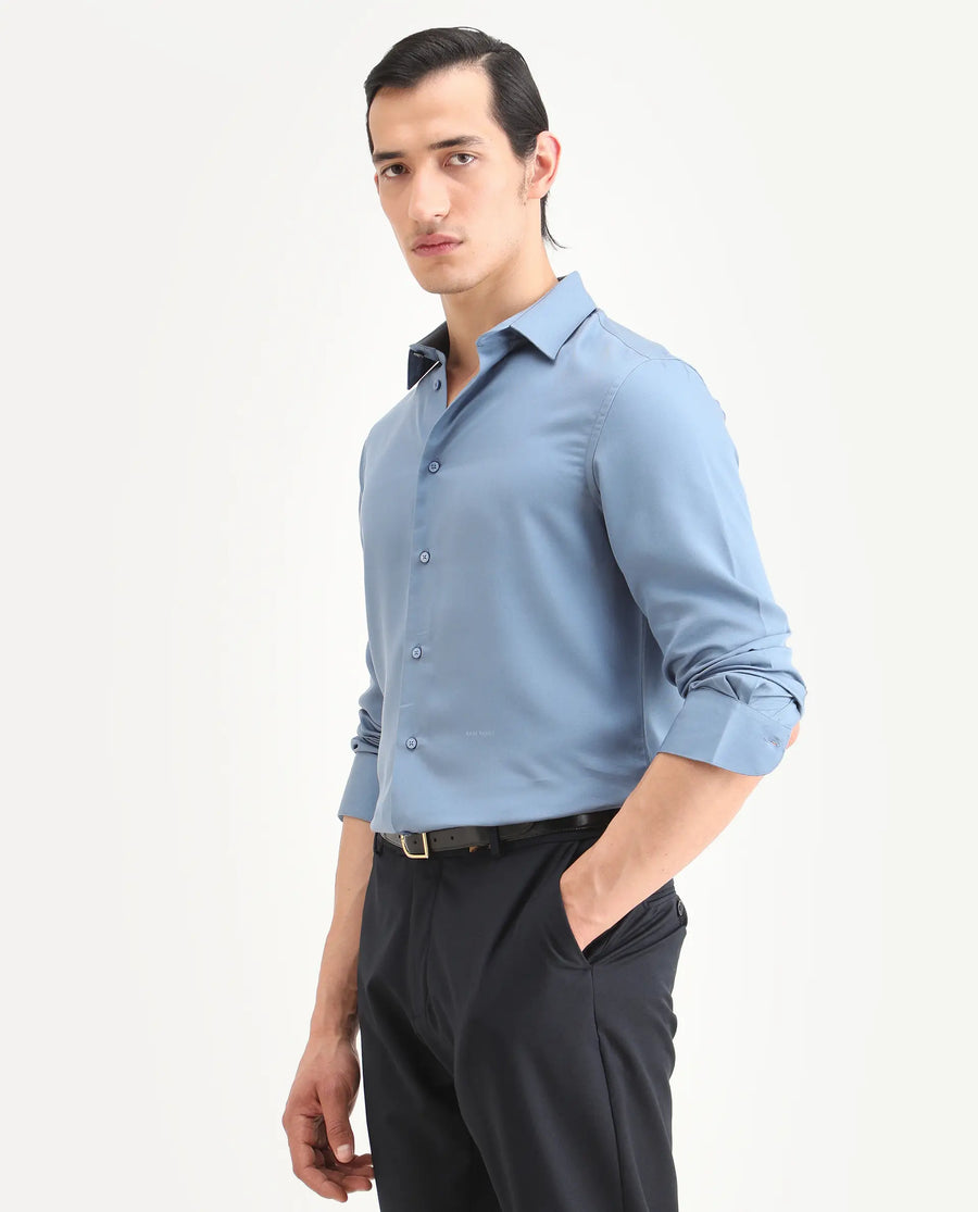 Rare Rabbit Men's Armenop Dusky Blue Tencel Fabric Full Sleeve Spread Collar Regular Fit Plain Shirt