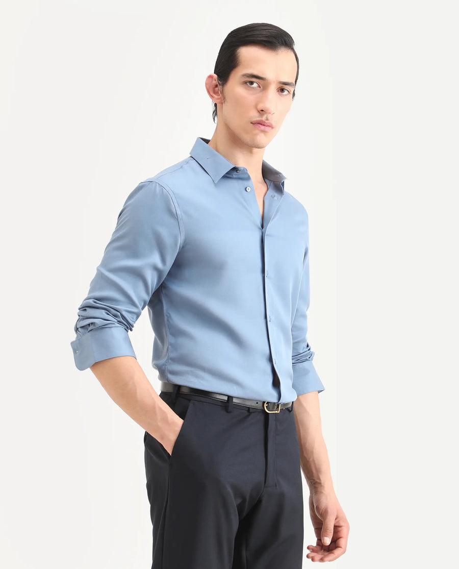 Rare Rabbit Men's Armenop Dusky Blue Tencel Fabric Full Sleeve Spread Collar Regular Fit Plain Shirt