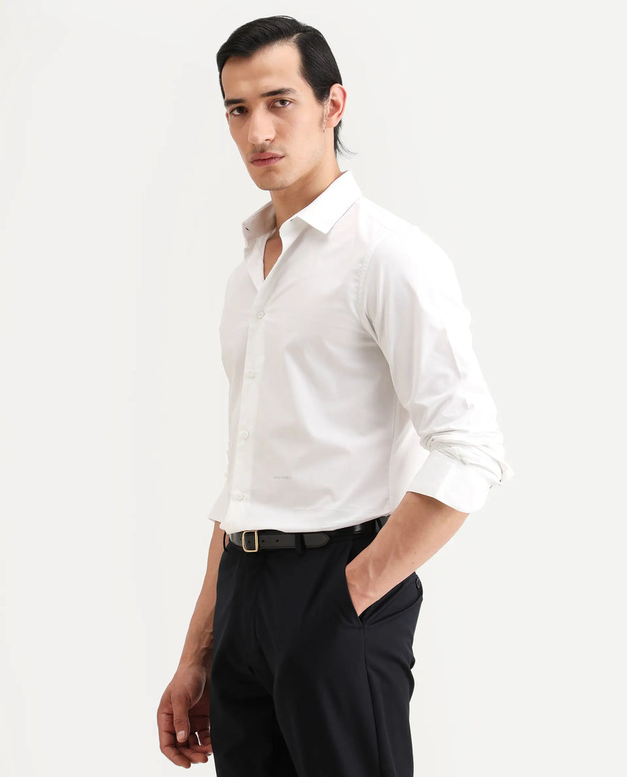 Rare Rabbit Men's Zazzle White Cotton Fabric Full Sleeve Spread Collar Regular Fit Plain Shirt