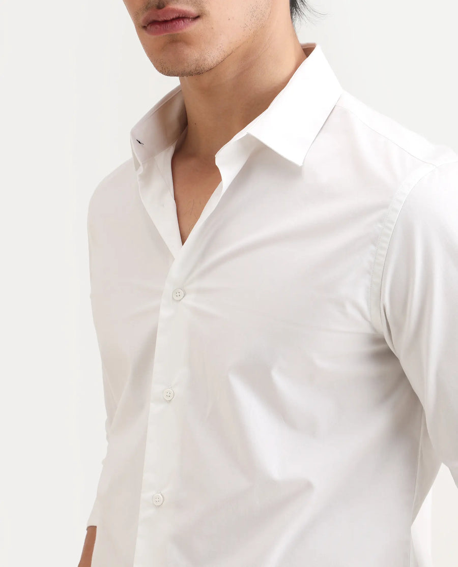 Rare Rabbit Men's Zazzle White Cotton Fabric Full Sleeve Spread Collar Regular Fit Plain Shirt