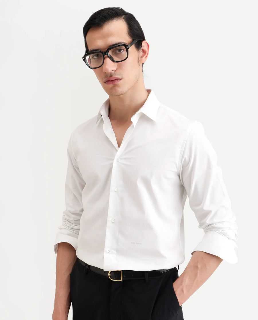 Rare Rabbit Men's Zazzle White Cotton Fabric Full Sleeve Spread Collar Regular Fit Plain Shirt