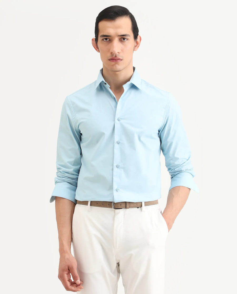 Rare Rabbit Men's Zazzle Light Blue Cotton Fabric Full Sleeve Spread Collar Regular Fit Plain Shirt