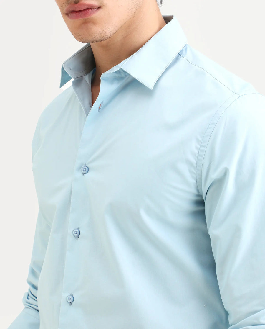Rare Rabbit Men's Zazzle Light Blue Cotton Fabric Full Sleeve Spread Collar Regular Fit Plain Shirt
