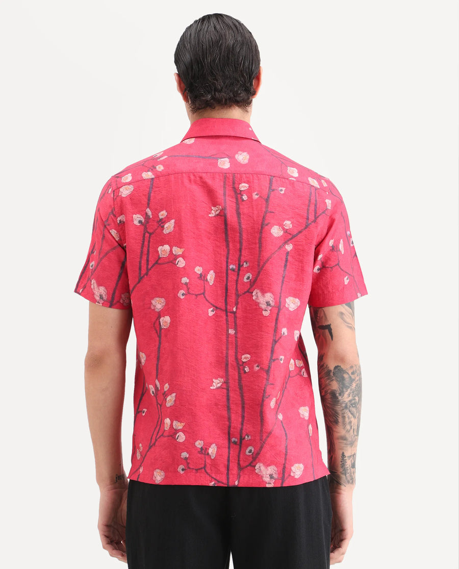 Rare Rabbit Men's Naton Light Red Viscose Blend Fabric Half Sleeve Spread Collar Regular Fit Floral Print Shirt