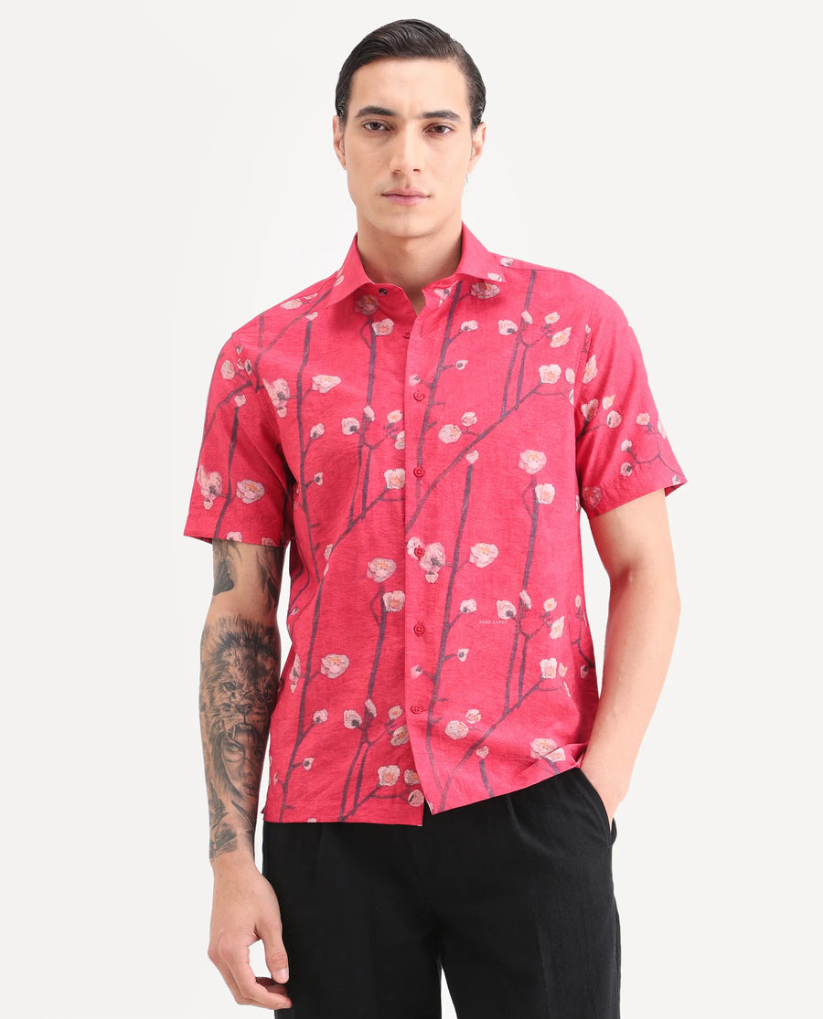 Rare Rabbit Men's Naton Light Red Viscose Blend Fabric Half Sleeve Spread Collar Regular Fit Floral Print Shirt
