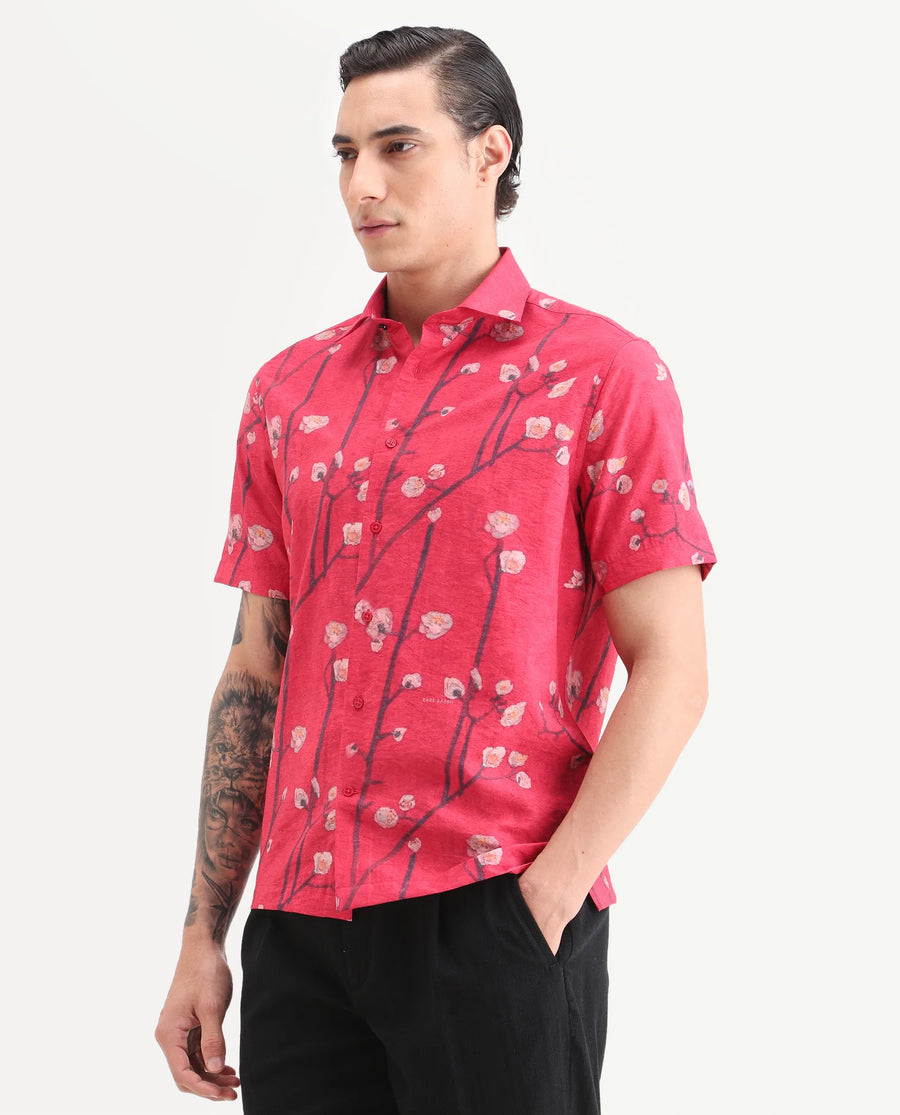 Rare Rabbit Men's Naton Light Red Viscose Blend Fabric Half Sleeve Spread Collar Regular Fit Floral Print Shirt