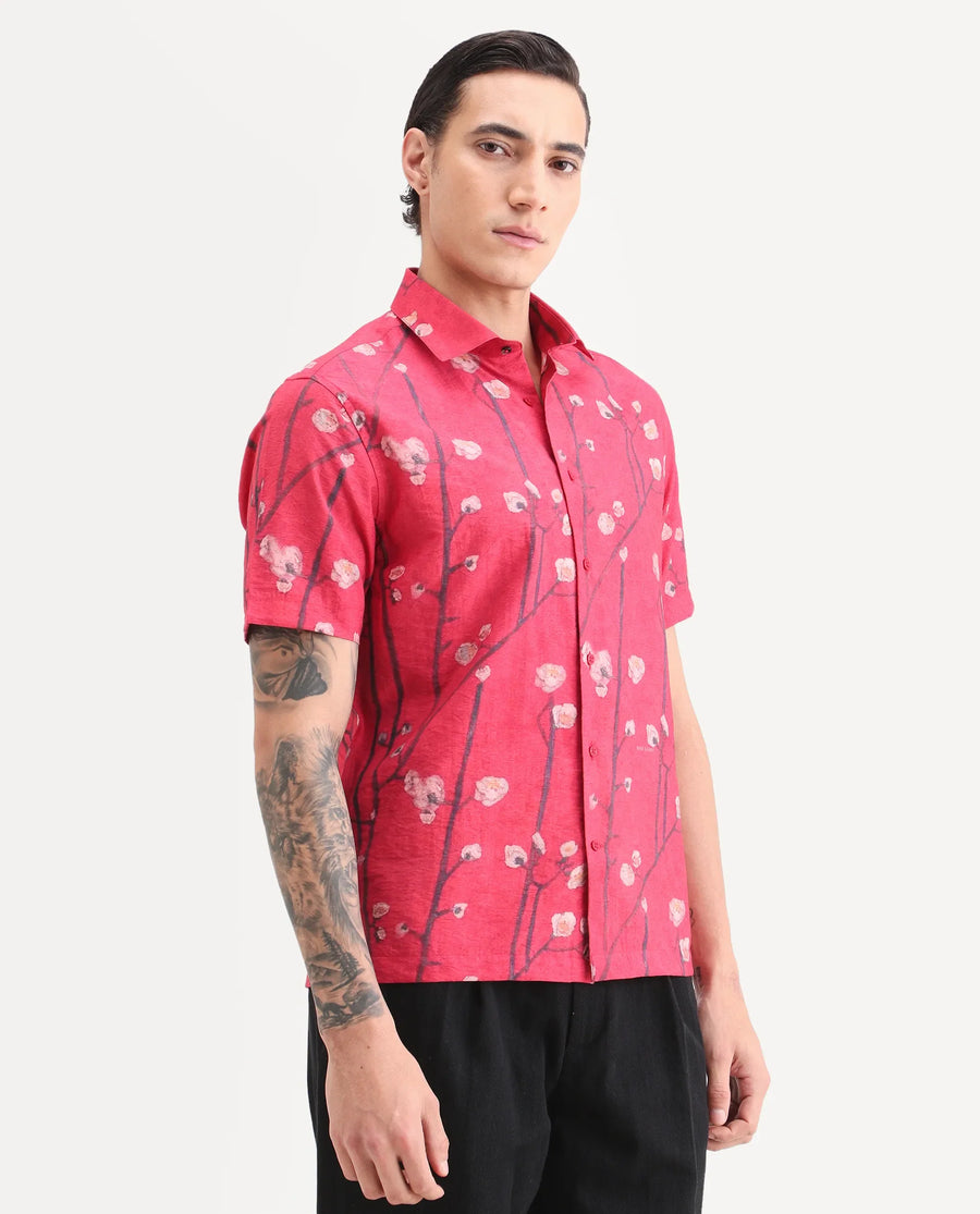 Rare Rabbit Men's Naton Light Red Viscose Blend Fabric Half Sleeve Spread Collar Regular Fit Floral Print Shirt