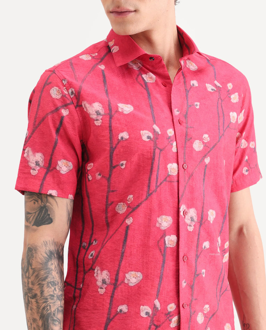 Rare Rabbit Men's Naton Light Red Viscose Blend Fabric Half Sleeve Spread Collar Regular Fit Floral Print Shirt