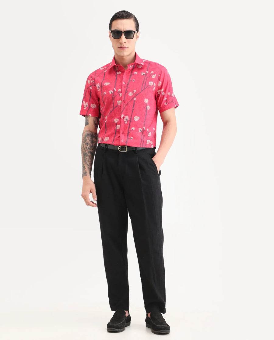 Rare Rabbit Men's Naton Light Red Viscose Blend Fabric Half Sleeve Spread Collar Regular Fit Floral Print Shirt