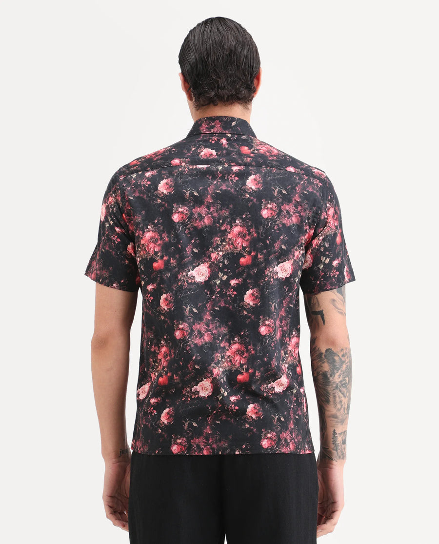 Rare Rabbit Men's Aranger Black Cotton Fabric Half Sleeve Spread Collar Regular Fit Floral Print Shirt