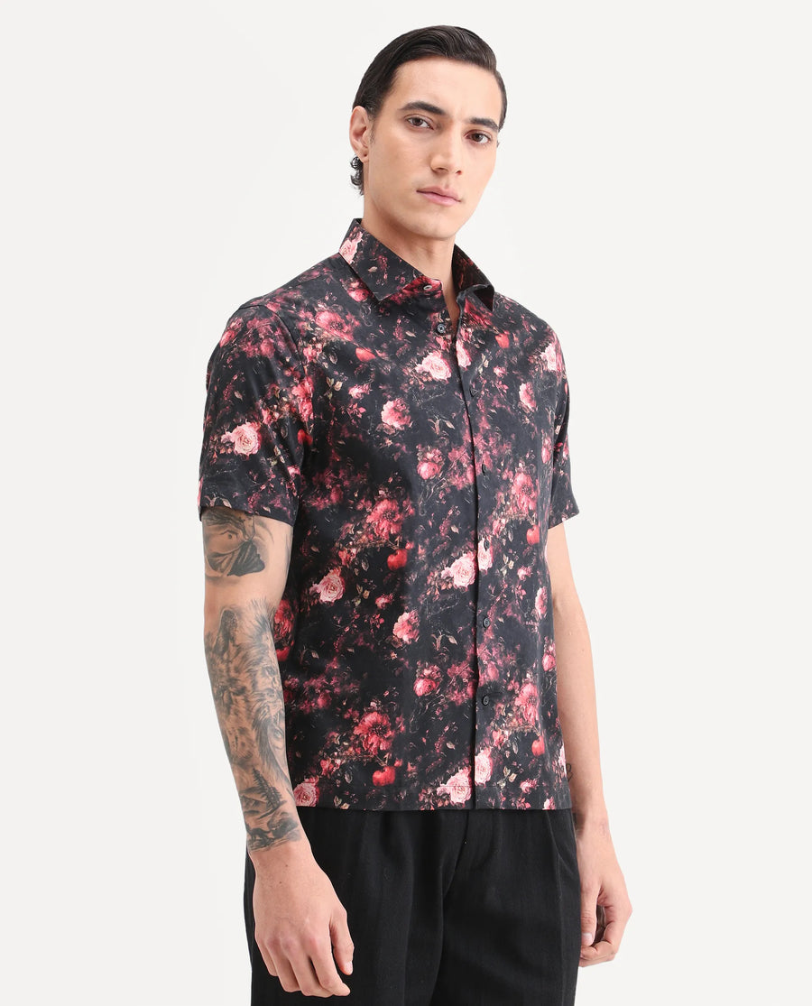 Rare Rabbit Men's Aranger Black Cotton Fabric Half Sleeve Spread Collar Regular Fit Floral Print Shirt