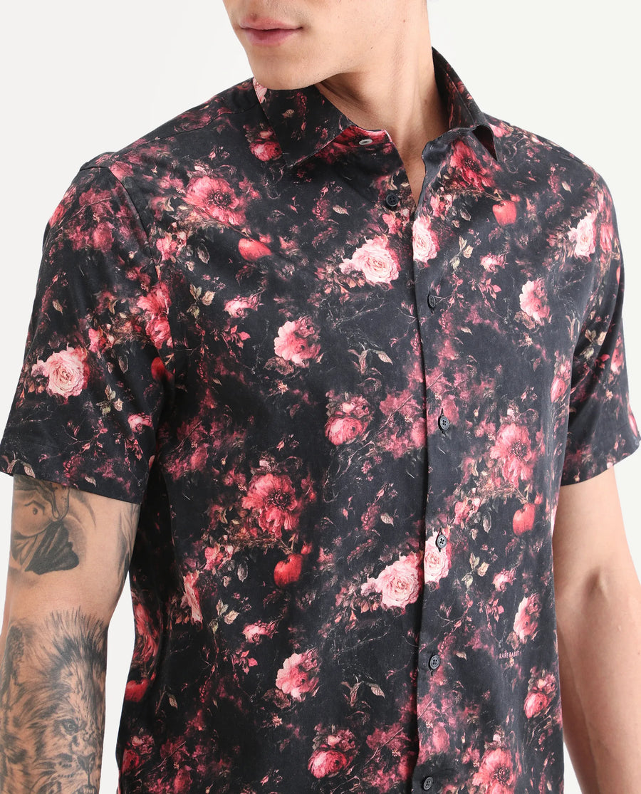 Rare Rabbit Men's Aranger Black Cotton Fabric Half Sleeve Spread Collar Regular Fit Floral Print Shirt