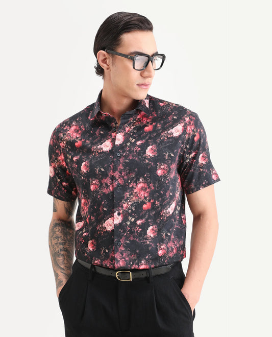 Rare Rabbit Men's Aranger Black Cotton Fabric Half Sleeve Spread Collar Regular Fit Floral Print Shirt