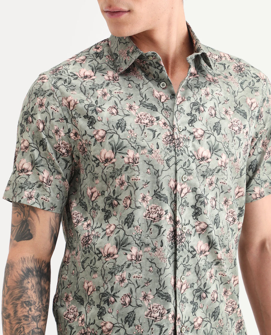 Rare Rabbit Men's Ranger Dark Green Cotton Fabric Half Sleeve Spread Collar Regular Fit Floral Print Shirt