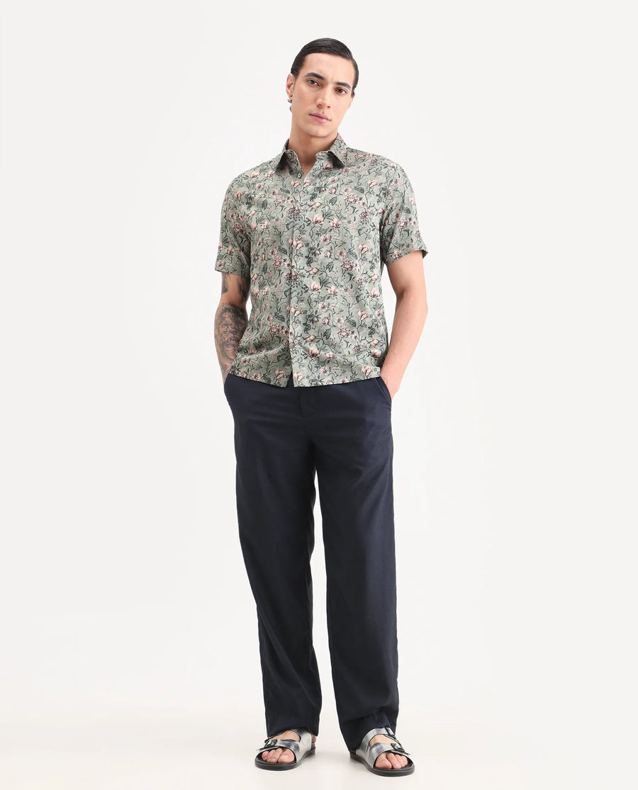 Rare Rabbit Men's Ranger Dark Green Cotton Fabric Half Sleeve Spread Collar Regular Fit Floral Print Shirt