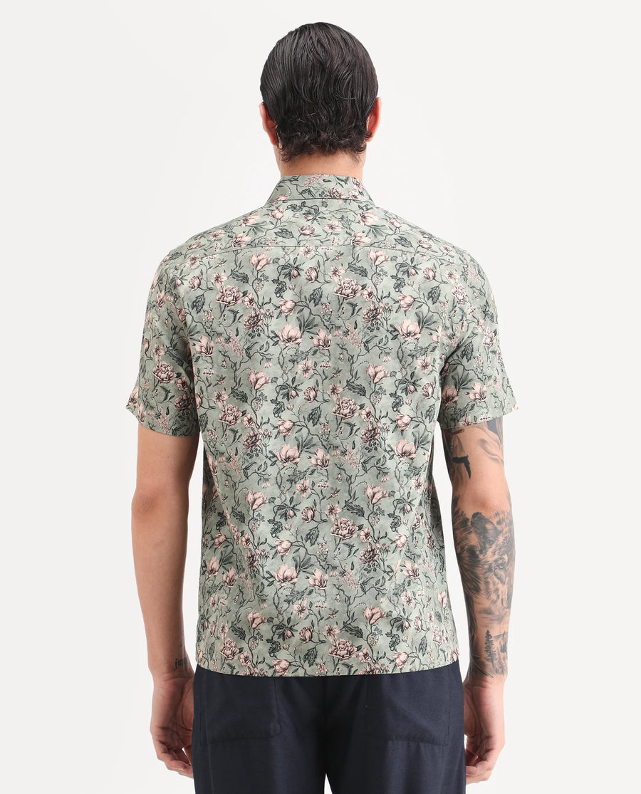 Rare Rabbit Men's Ranger Dark Green Cotton Fabric Half Sleeve Spread Collar Regular Fit Floral Print Shirt