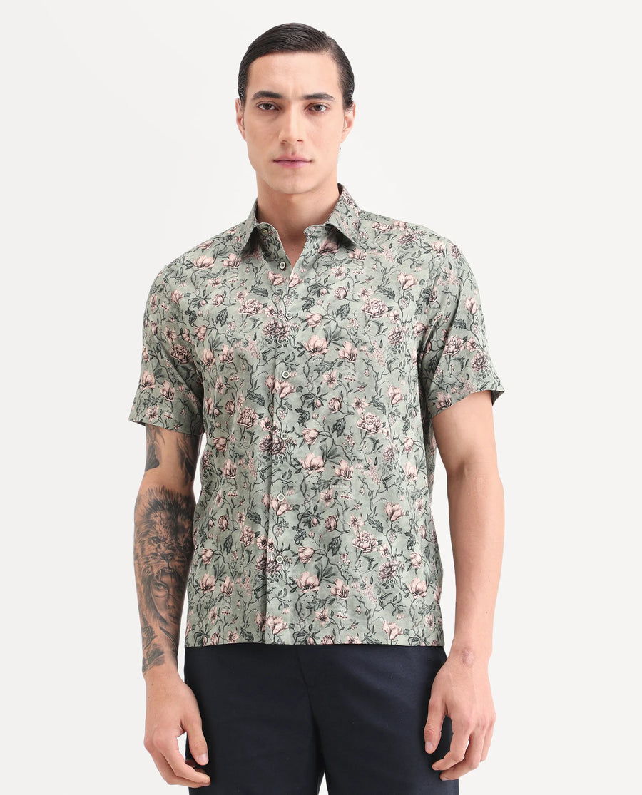 Rare Rabbit Men's Ranger Dark Green Cotton Fabric Half Sleeve Spread Collar Regular Fit Floral Print Shirt