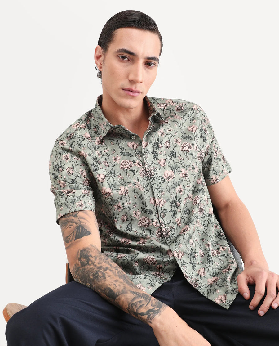 Rare Rabbit Men's Ranger Dark Green Cotton Fabric Half Sleeve Spread Collar Regular Fit Floral Print Shirt
