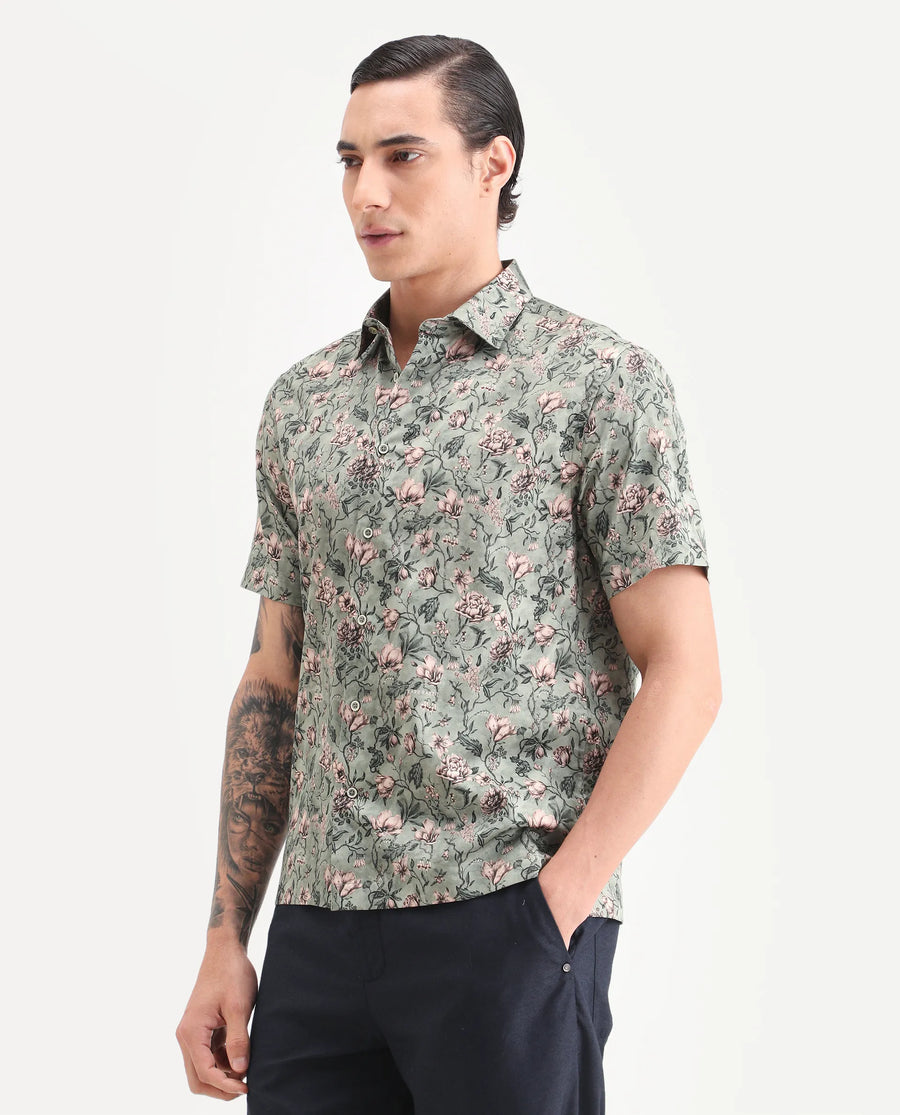 Rare Rabbit Men's Ranger Dark Green Cotton Fabric Half Sleeve Spread Collar Regular Fit Floral Print Shirt