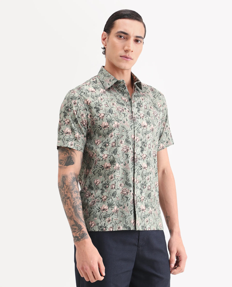 Rare Rabbit Men's Ranger Dark Green Cotton Fabric Half Sleeve Spread Collar Regular Fit Floral Print Shirt