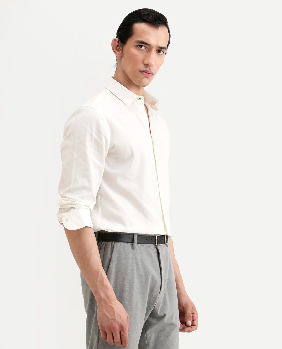 Rare Rabbit Men's Bellany White Cotton Fabric Full Sleeve Spread Collar Regular Fit Plain Shirt