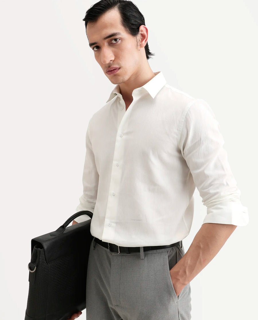 Rare Rabbit Men's Bellany White Cotton Fabric Full Sleeve Spread Collar Regular Fit Plain Shirt