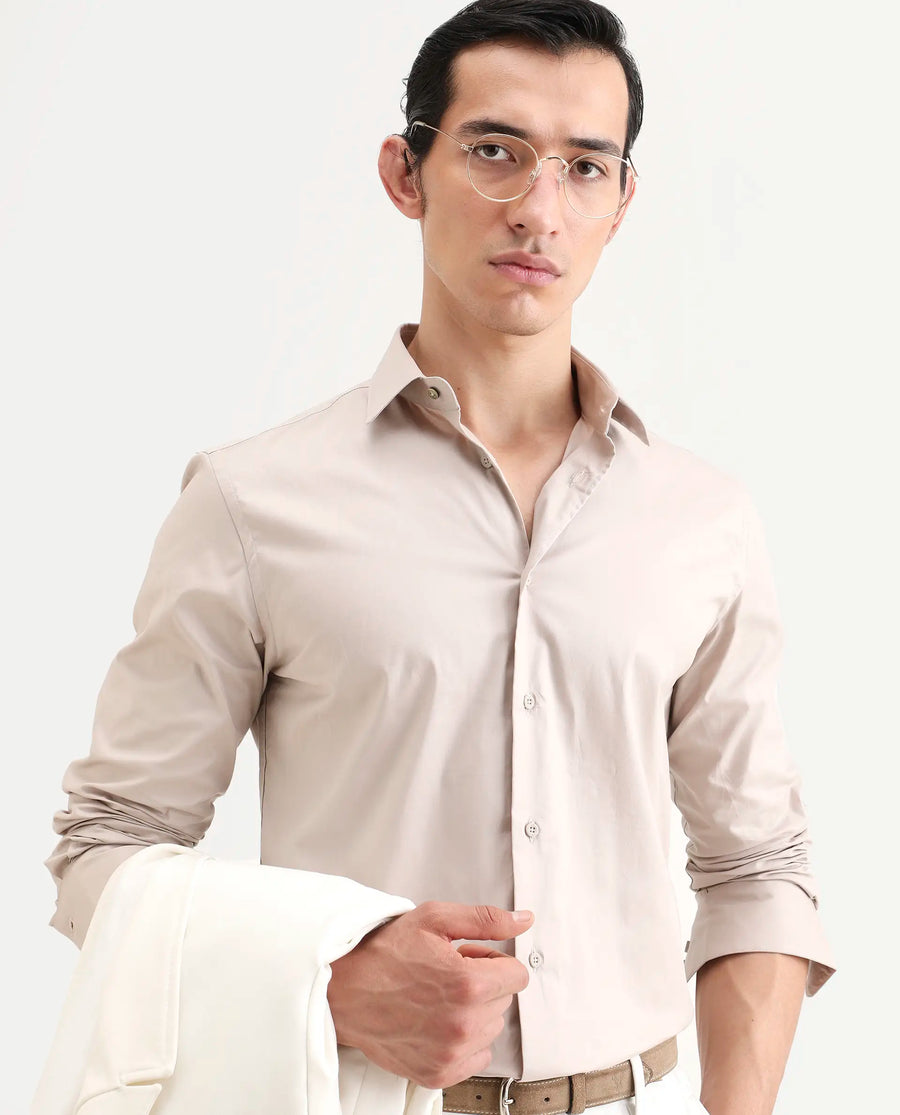 Rare Rabbit Men's Argue Light Beige Cotton Blend Fabric Full Sleeve Spread Collar Regular Fit Plain Shirt
