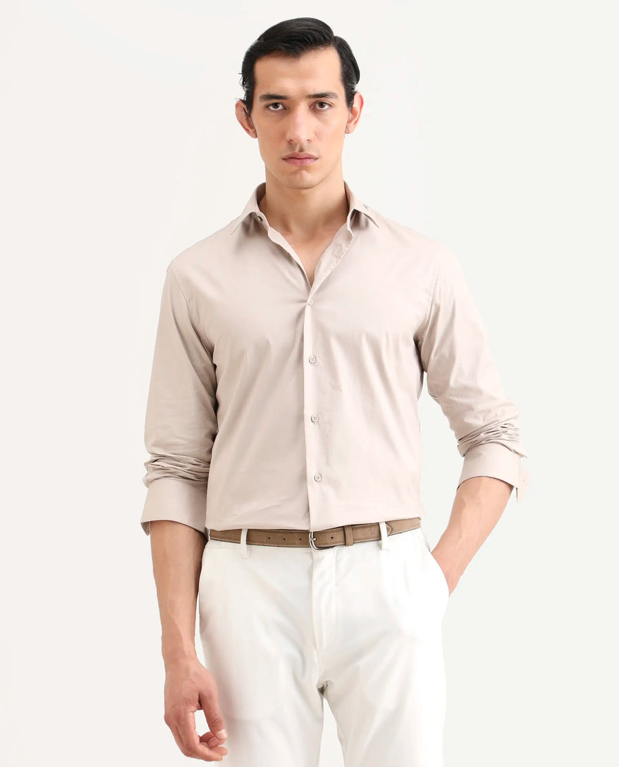 Rare Rabbit Men's Argue Light Beige Cotton Blend Fabric Full Sleeve Spread Collar Regular Fit Plain Shirt