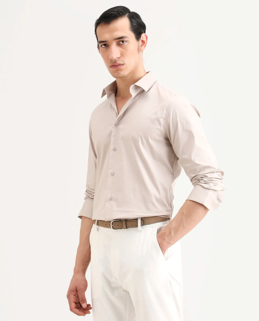 Rare Rabbit Men's Argue Light Beige Cotton Blend Fabric Full Sleeve Spread Collar Regular Fit Plain Shirt