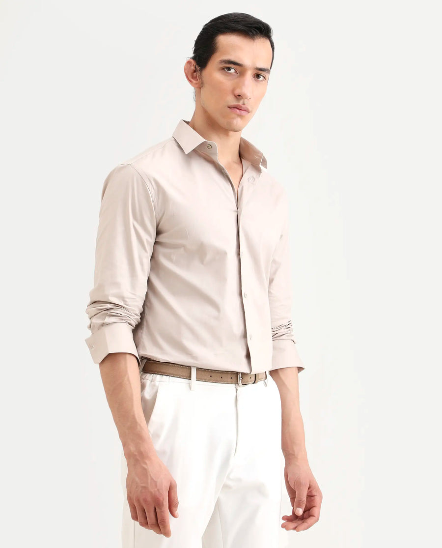 Rare Rabbit Men's Argue Light Beige Cotton Blend Fabric Full Sleeve Spread Collar Regular Fit Plain Shirt