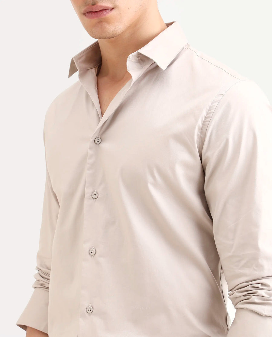 Rare Rabbit Men's Argue Light Beige Cotton Blend Fabric Full Sleeve Spread Collar Regular Fit Plain Shirt