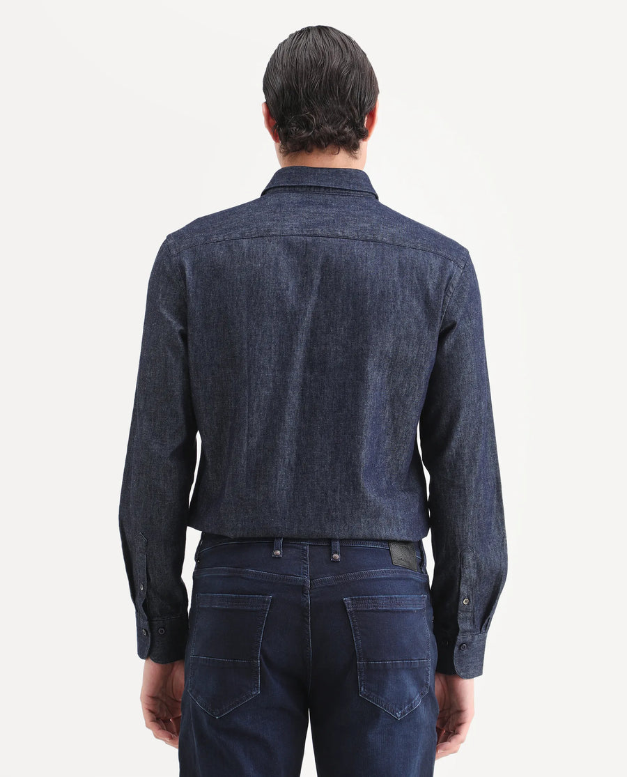Rare Rabbit Men's Insti Dark Blue Cotton Fabric Full Sleeve Spread Collar Regular Fit Plain Shirt